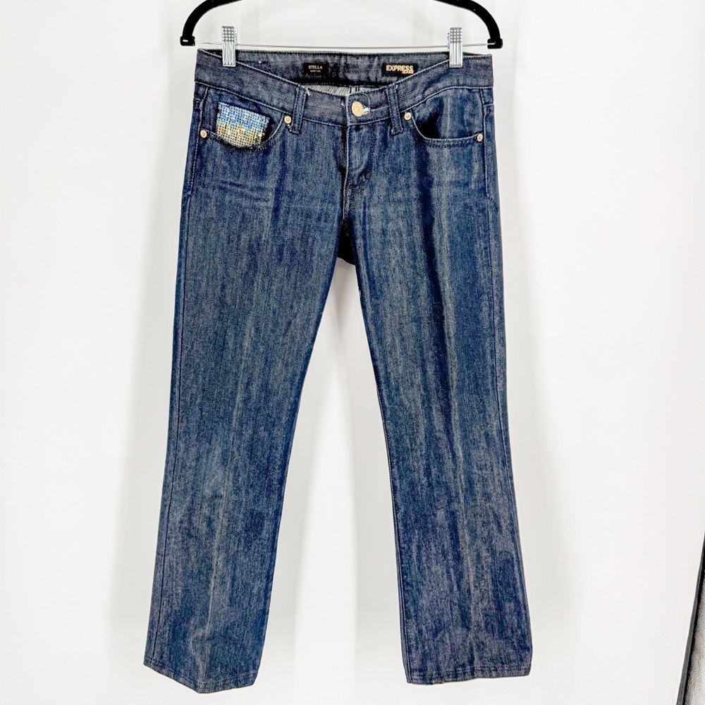 Express Blue Boot Cut Jeans with Sparkling Detail